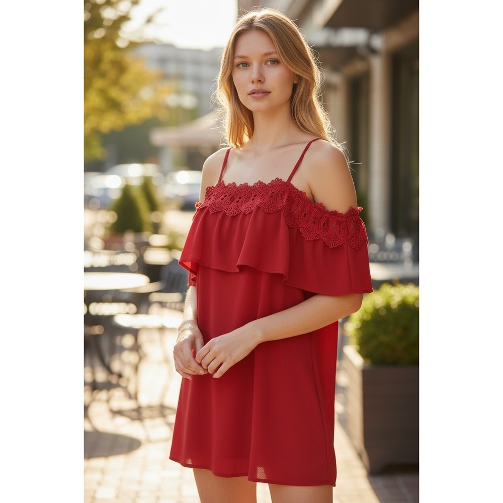 A BYER Womens Red Lace Trim Cold Shoulder Zipper Dress 11 Holiday Party Date 11
